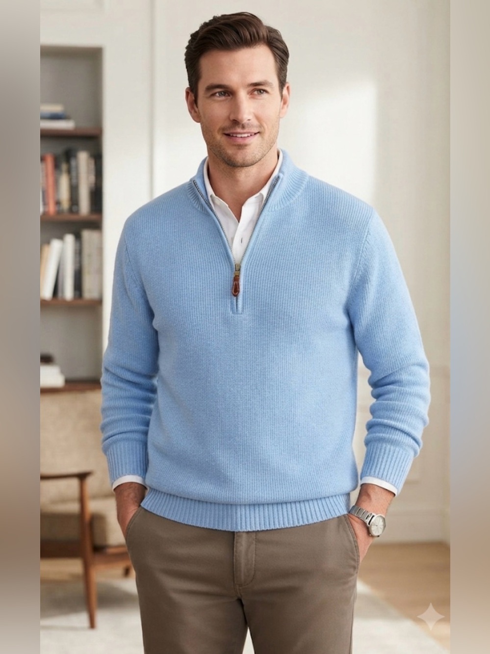 J. McLaughlin Light Blue 100% Combed Cotton 1/4 Zip Pullover Sweater Size Large